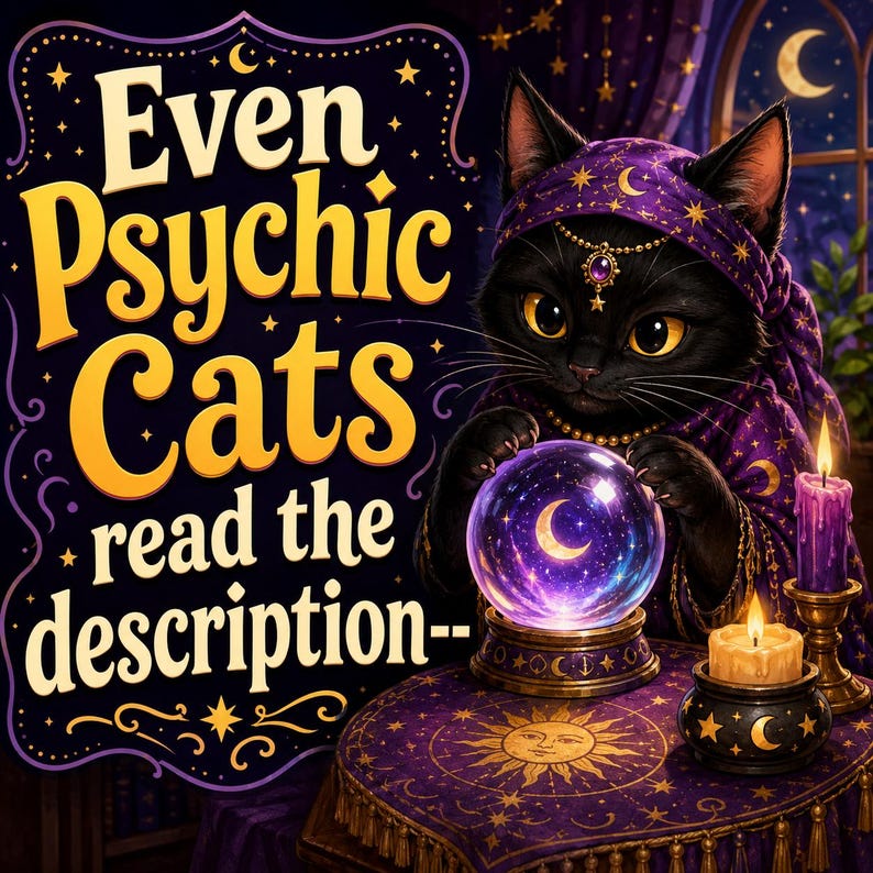 May include: A black cat wearing a purple headpiece with a gold chain and jewel, gazing into a glowing crystal ball with a crescent moon inside. The text reads Even Psychic Cats read the description-- on a purple table with candles and sun motifs.