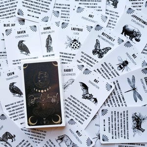 May include: A deck of white oracle cards featuring black ink illustrations of animals like a raven, hawk, ladybug, butterfly, bee, bat, wolf, and turtle. Each card includes a title, a keyword, and descriptive text. A black box with gold foil celestial designs and the text Spirit Animal sits on top.