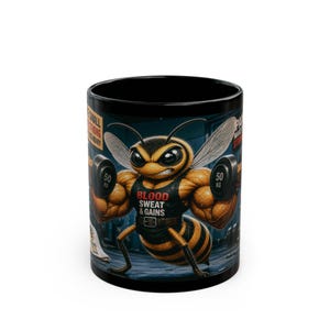 Muscular Bee Weightlifting Black Mug | Gym Motivational Coffee Cup