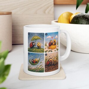 Cute Bee and Ladybug Illustration Mug | Floral Garden Critters Ceramic Mug