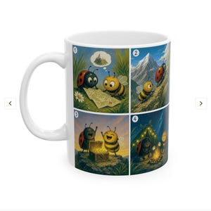 Puede incluir: Una taza de cerámica blanca con una ilustración de dibujos animados en cuatro paneles de una mariquita y una abeja en una aventura. Las escenas muestran a la pareja leyendo un mapa, escalando una montaña, descubriendo un cofre del tesoro lleno de oro y sentados junto a una fogata por la noche bajo un cielo estrellado.