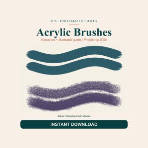 Puede incluir: Un listado de producto digital para VISIONTOARTSTUDIO Acrylic Brushes que incluye 8 pinceles y una guía ilustrada para Photoshop 2026. La imagen muestra dos trazos de pincel ondulados en color verde azulado y dos trazos ondulados texturizados en morado con el texto INSTANT DOWNLOAD.