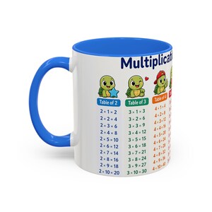 Puede incluir: Una taza de cerámica blanca con asa e interior de color azul brillante, que presenta una tabla de multiplicar colorida. El diseño incluye tortugas de dibujos animados y columnas etiquetadas como Table of 2, Table of 3 y Table of 4 con ecuaciones.