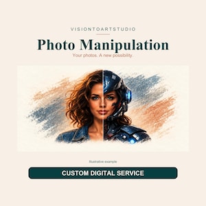 Puede incluir: Un anuncio de servicio digital titulado VISIONTOARTSTUDIO Photo Manipulation Your photos. A new possibility. El gráfico muestra un retrato dividido de una persona a la izquierda y un personaje cyborg futurista a la derecha, con el texto CUSTOM DIGITAL SERVICE debajo.