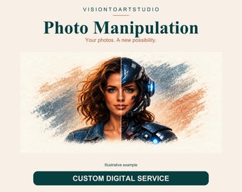 Puede incluir: Un anuncio de servicio digital titulado VISIONTOARTSTUDIO Photo Manipulation Your photos. A new possibility. El gráfico muestra un retrato dividido de una persona a la izquierda y un personaje cyborg futurista a la derecha, con el texto CUSTOM DIGITAL SERVICE debajo.