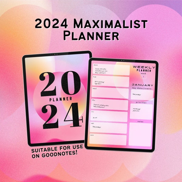 2024 Digital Planner | Dated Goodnotes Digital Planner | Daily, Weekly & Monthly Planner | Hyperlinked | Maximalist Planner | Pink Planner