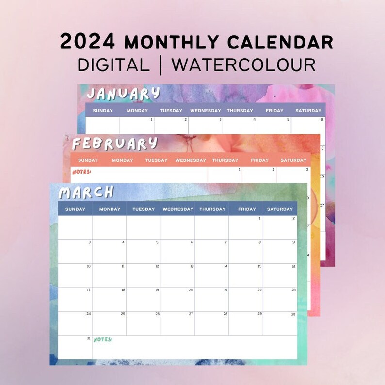 2024 Watercolour Digital Calendar Colourful Maximalist Calendar Dated