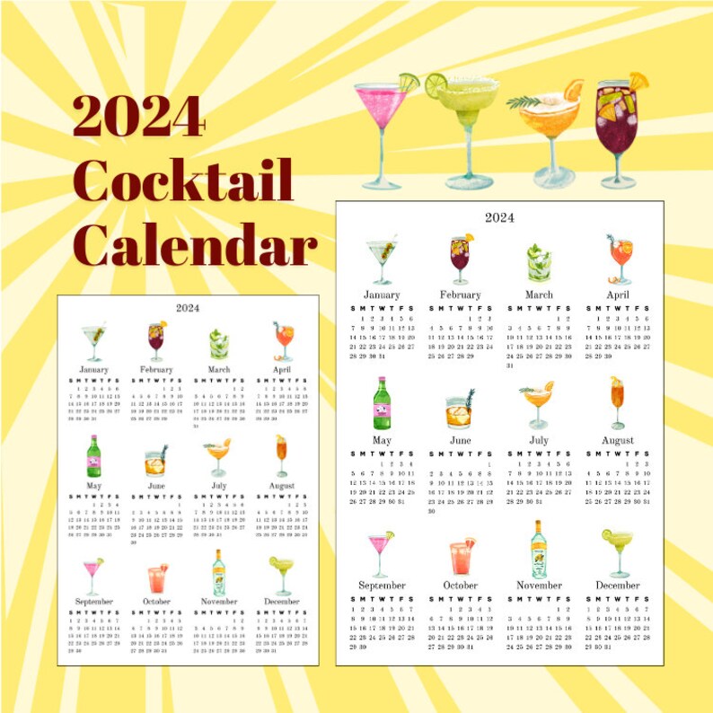 2024 Cocktail Printable Yearly Calendar Cocktail Calendar A3 and A4 Etsy