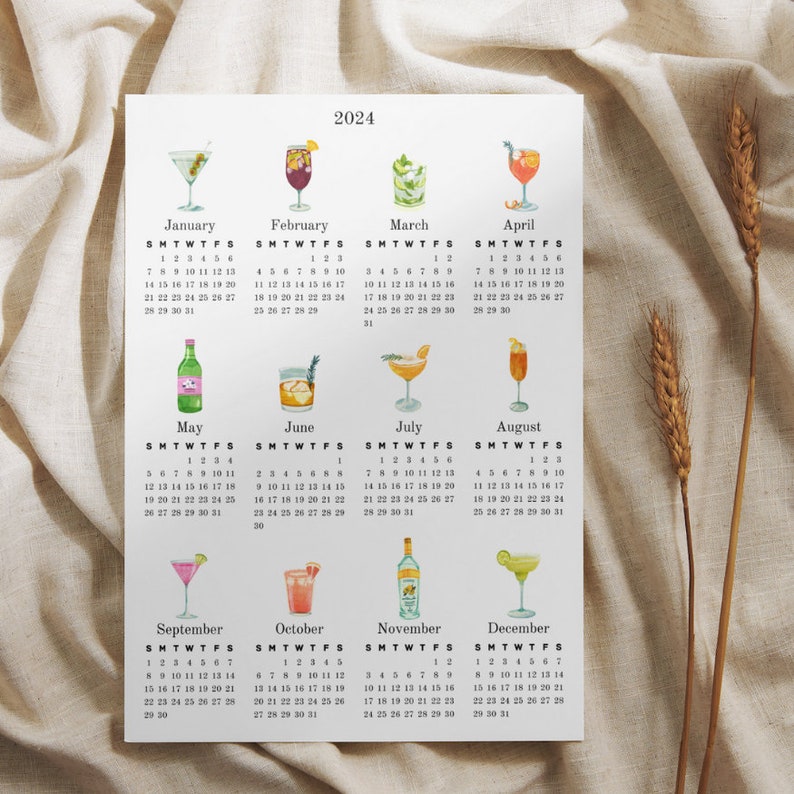 2024 Cocktail Printable Yearly Calendar Cocktail Calendar A3 and A4 Etsy