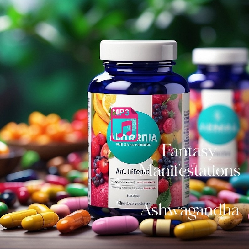 K&ouml;nnte beinhalten: Blaue Flasche mit Ashwagandha-Kapseln, die ein Etikett mit einem bunten Fruchtdesign und dem Text "MP3", "Aal Lifefenut", "Fantasy Manifestations" und "Ashwagandha" tr&auml;gt.