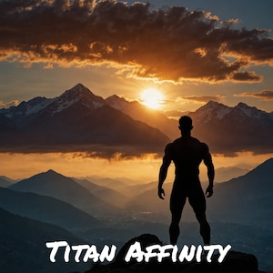 Op de afbeelding: Silhouet van een persoon die op een bergtop staat met een zonsondergang op de achtergrond. De tekst "TITAN AFFINITY" is in wit op de berghelling geschreven.