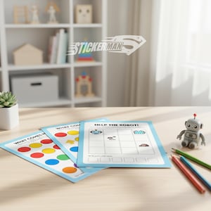 May include: A light blue educational activity sheet with the text "HELP THE ROBOT!" and a grid for coding. A small gray robot toy and colored pencils are next to the sheet. Other sheets with colorful circles are also visible.