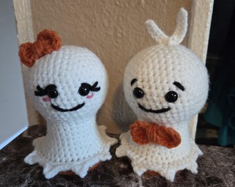 Crochet Ghost Couple with Orange Bows, Stuffed Decor