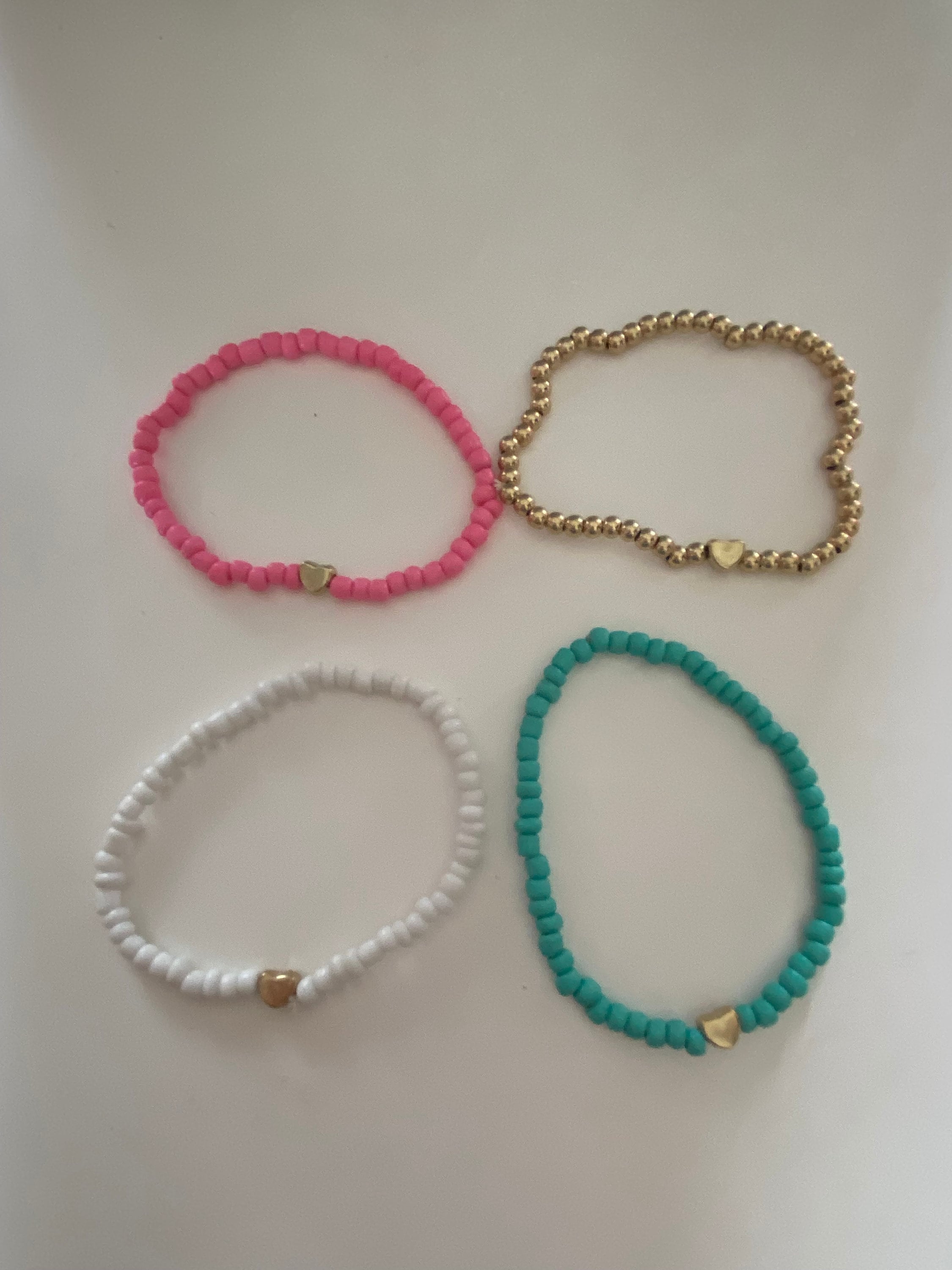 4pc Mini Heart Beaded Bracelet Set Pink, White, Teal and