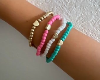 4pc Mini heart beaded bracelet set pink, white, teal and gold