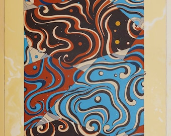 Abstrakter Kunstdruck mit schwungvollem Muster | Antikes japanisches Musterdesign aus der Meiji-Zeit | Wandbild im Vintage-Stil, blau-schwarz-orange, zum sofortigen Download