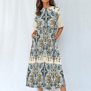 May include: A midi-length dress with a cream-colored background and a repeating pattern of crosses, chalices, and ornate scrollwork in shades of blue and gold. The dress has short sleeves and pockets.