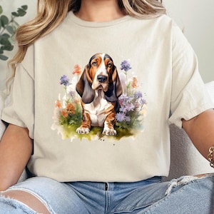 Floral Basset Hound Lover Gift for Dog Mom Dog Dad Pet Parent Unisex Heavy Cotton Tee