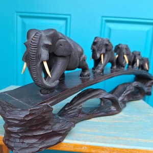 Carved Wood Elephant Sculpture Vintage Handmade Wooden Carving Elephants Statue Figurine Ebonized Wood Large Tribal African Animals Walking