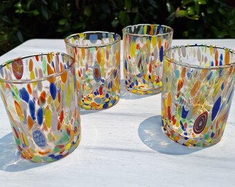 Murano Drinking Glasses Set Hand Blown Millefiori Italy Colorful Art Glass Cups Tumbler Handmade Home Decor Yellow Blue italian Glassware