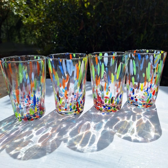 Murano Drinking Glasses Set Italy Millefiori Hand Blown Colorful Art Glass Blue Cups Tumbler Handmade Decor italian Glassware Unique Gifts