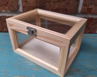 Glass and Wood Display Box with Lid Hinged Wooden Box Display Case Vintage Curio for Gift Keepsakes Miniatures Crystals Jewelry Collectibles