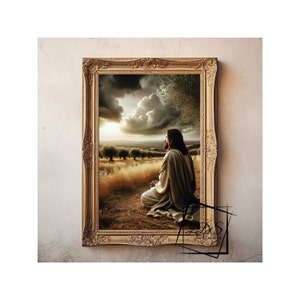 May include: A framed painting depicting a man in a long robe kneeling in a field with his head bowed in prayer. The background features a dramatic sky with clouds and a distant sunset.