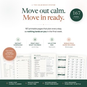 Könnte beinhalten: Ein digitaler Umzugsplaner namens The Calm Move System mit 167 druckbaren Seiten. Enthält Sofort-Download, US-Letter-Format und einen 28-seitigen Bonus-Umzugsratgeber mit Checklisten für Inventarlisten, Raumbeschriftungen und Kartennummerierungen.