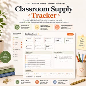 May include: A digital classroom supply tracker template for Excel and Google Sheets. The interface displays a dashboard with inventory, borrowing, budget, and year-end reports. Text includes Classroom Supply Tracker, Good day, Rowan, and various status metrics for school supplies and money management.