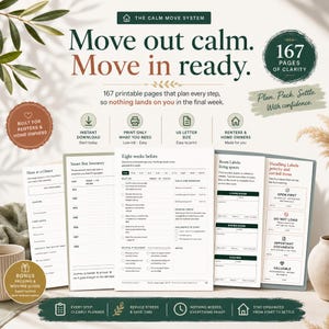 May include: A digital moving planner titled The Calm Move System with 167 printable pages. The document includes sections for Smart Box Inventory, Room Labels, and Handling Labels. It features checklists for moving tasks, packing, and organisation.