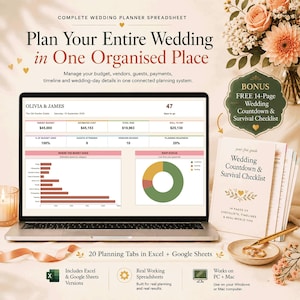 May include: A digital wedding planner spreadsheet displayed on a laptop screen, featuring budget tracking, guest lists, and RSVP status charts. Includes a bonus 14-page printed wedding countdown and survival checklist, compatible with Excel and Google Sheets.