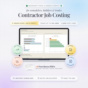 May include: A digital spreadsheet template for Microsoft Excel and Google Sheets titled Contractor Job Costing for remodelers, builders, and trades. It features data visualization charts, job profit and margin tracking, and four bonus PDF guides.