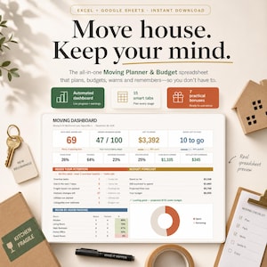 May include: A digital moving planner and budget spreadsheet for Excel and Google Sheets. The dashboard displays a moving readiness score, budget forecast, and room-by-room packing progress. Text includes Move house. Keep your mind. and Moving Dashboard.