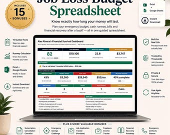 Puede incluir: Una hoja de cálculo de presupuesto por pérdida de empleo en la pantalla de una computadora portátil, que muestra un panel de supervivencia financiera con métricas de fondos de emergencia, deudas y tasas de gasto mensual para planificación.