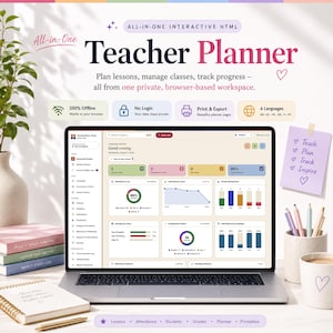 Könnte beinhalten: Ein interaktiver HTML-Lehrerplaner auf einem Laptop-Bildschirm mit einem Dashboard für Unterrichtsplanung, Klassenverwaltung und Fortschrittsverfolgung. Die Benutzeroberfläche enthält Diagramme, Anwesenheitsdaten und Notenverteilungsmetriken.