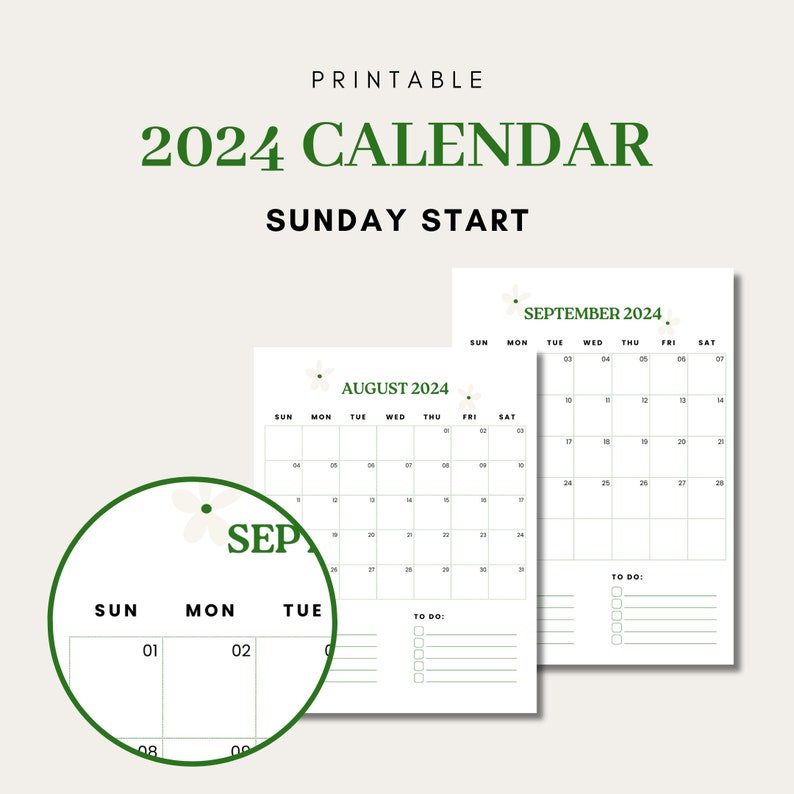 2024 Monthly Calendar Printable 2024 Sun and Mon Start Flower Green