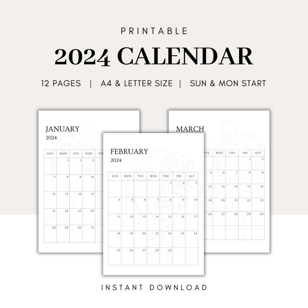 2024 Monthly Calendar Printable 2024 Sun and Mon Start Women