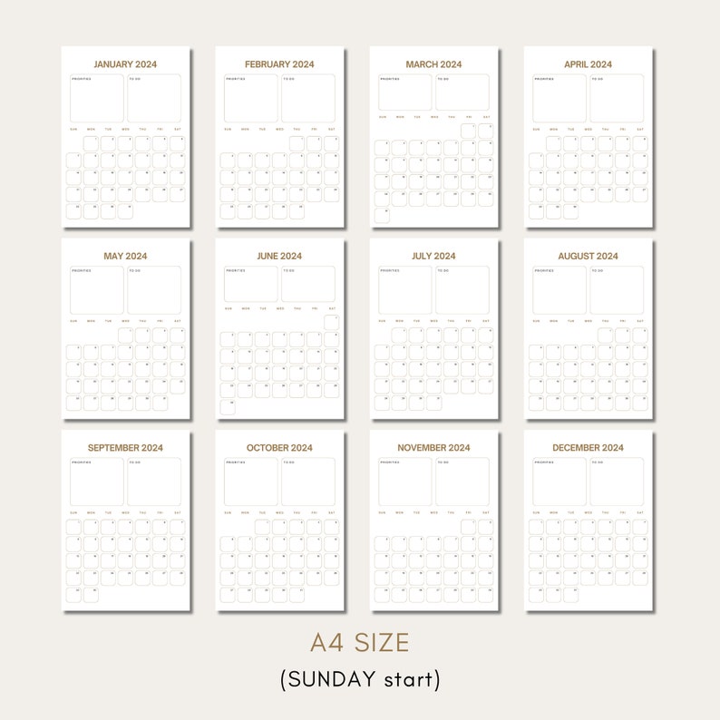 2024 Monthly Calendar Printable 2024 Sun and Mon Start Brown Calendar