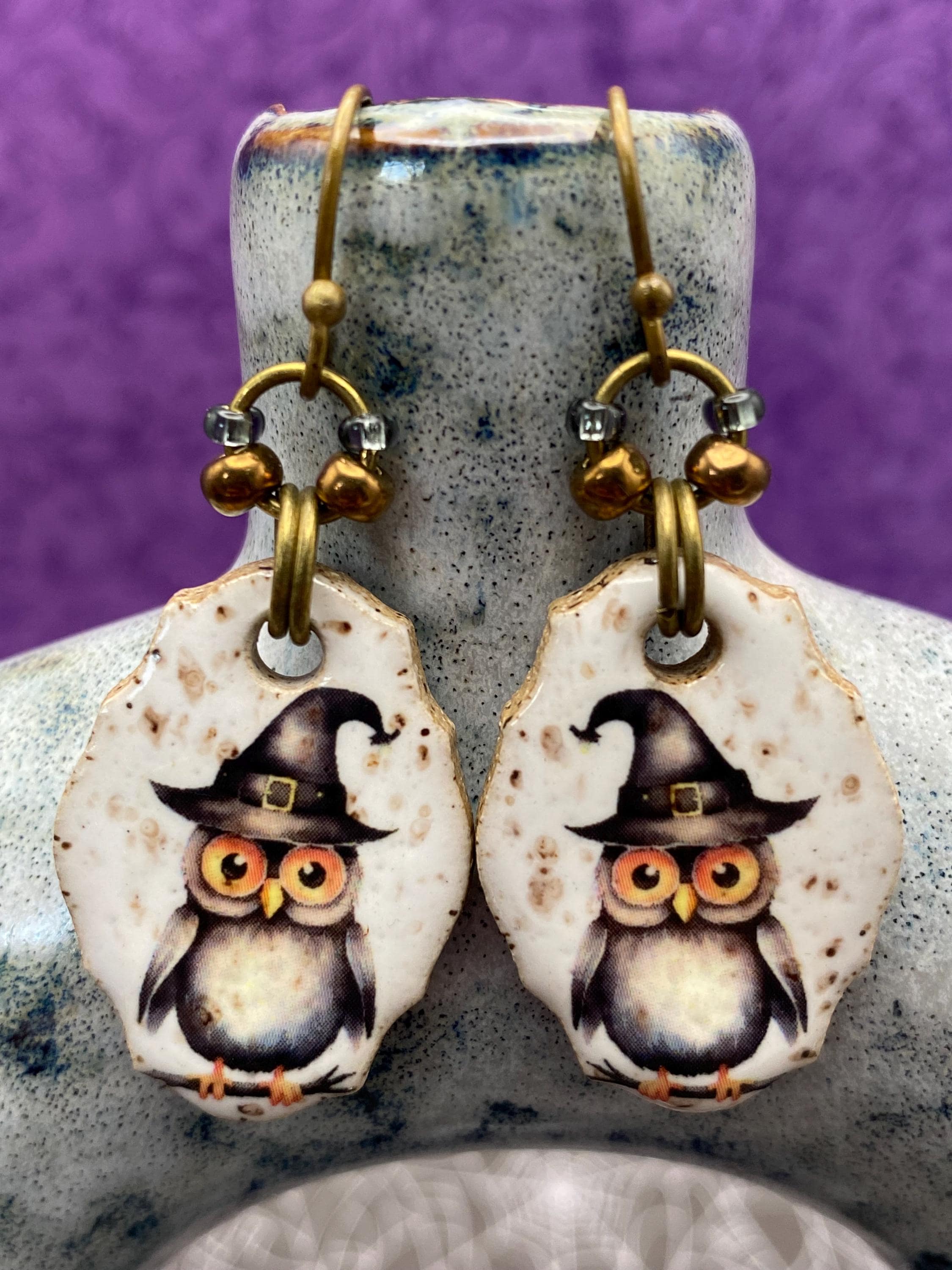 Ceramic Halloween Witchy Owl Earrimgs, 1.85 inch length.  Rustic beige, orange and black colors, see
