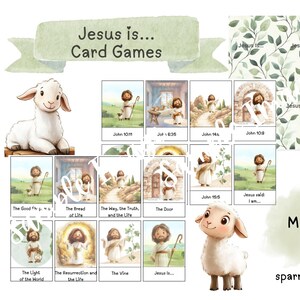 May include: A card game set featuring illustrations of Jesus and a lamb, with Bible verses and phrases such as "Jesus is..." and "Go Fish or Memory Match Game". The background includes a watercolor leaf pattern.
