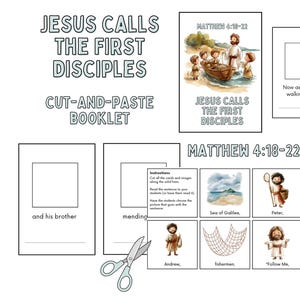 May include: A cut-and-paste booklet titled "Jesus Calls the First Disciples" with illustrations from Matthew 4:18-22. Includes images of Jesus, disciples, and related scenes, along with text prompts and instructions for use.