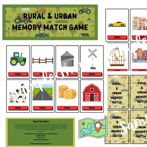Op de afbeelding: Een memory match-spel met landelijke en stedelijke thema's. Het spel bevat kaarten met illustraties van een groene tractor, een gele sportwagen, een schuur, een skyline en andere gerelateerde afbeeldingen. De titel van het spel staat bovenaan.