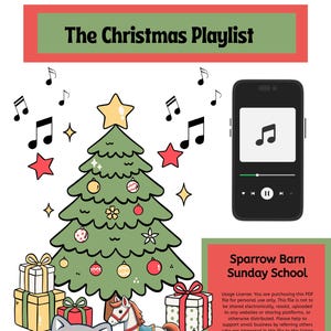 Puede incluir: Ilustración digital con un árbol de Navidad, regalos, notas musicales y un smartphone reproduciendo música. Un gato gris y blanco sostiene un CD. El texto "The Christmas Playlist" está en la parte superior. Una caja roja y verde contiene texto sobre Sparrow Barn Sunday School.