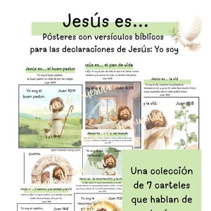 May include: A set of seven posters in Spanish, each featuring a biblical verse about Jesus. The posters have illustrations and quotes from the Bible. The design uses a soft watercolour style, with the text "Jesús es..." at the top of each poster.