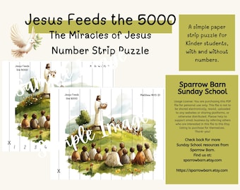 May include: A digital download with a watercolour illustration of Jesus feeding a crowd, labelled "Jesus Feeds the 5000." Includes a number strip puzzle for Kinder students. Additional text includes "Sparrow Barn Sunday School."