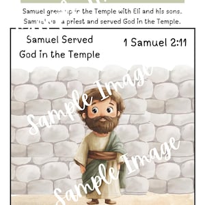 May include: Illustration of Samuel, a biblical figure, in a tan robe and green shawl, standing before a stone wall. Text reads "Samuel Served God in the Temple" and "1 Samuel 2:11". The image has a cartoon style.