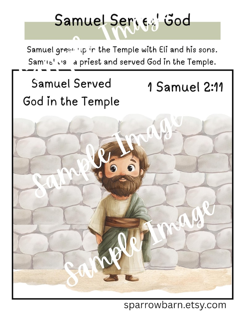 May include: Illustration of Samuel, a biblical figure, in a tan robe and green shawl, standing before a stone wall. Text reads "Samuel Served God in the Temple" and "1 Samuel 2:11". The image has a cartoon style.