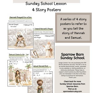 May include: A set of four story posters for a Sunday School lesson titled "Hannah Prayed for a Son." The posters feature illustrations and text from the Bible story, with the Sparrow Barn Sunday School logo.