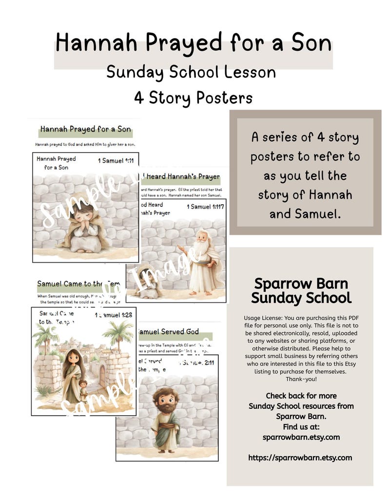 May include: A set of four story posters for a Sunday School lesson titled "Hannah Prayed for a Son." The posters feature illustrations and text from the Bible story, with the Sparrow Barn Sunday School logo.