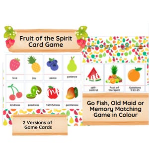 3 juegos - Tarjetas didácticas del Fruto del Espíritu - 2 versiones - Juego de memoria - ¡Pesca! - Solterona - Escuela Dominical Gálatas 5 versículos del Nuevo Testamento